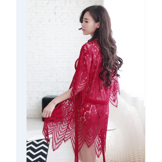 (COD) kimono Wanita Set Lingerie dan G String Baju Tidur Lace transparan piyama Sexy A188-