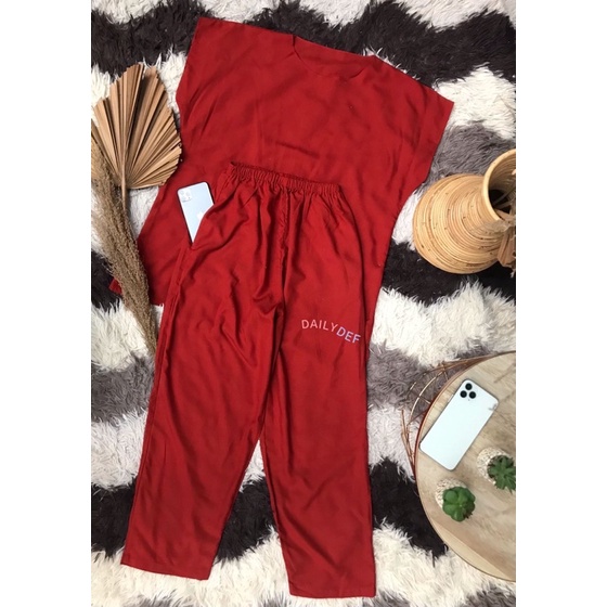 BAJU TIDUR ONE SET POLOS MERAH / SETCEL RAYON SLEEPWEAR / PIYAMA LEKBONG WANITA SATU STEL CELANA PAN