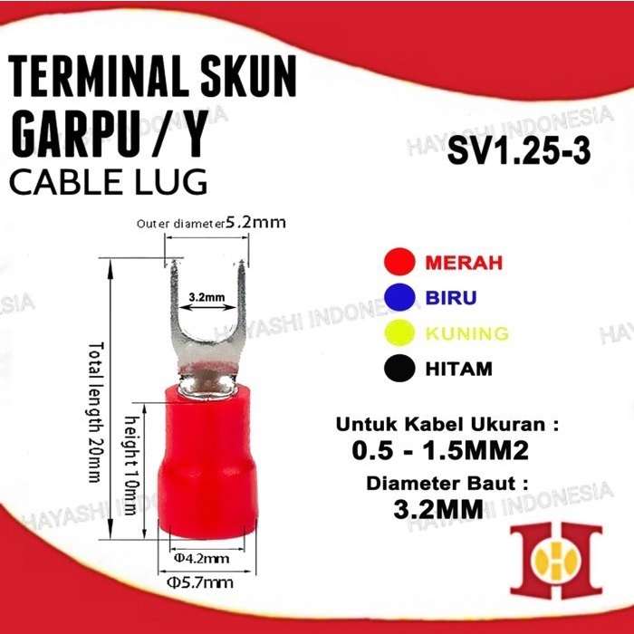 Kabel Sekun Y Fork Isolasi SV1.25-3 1.25-4 Cable Lug Terminal Sekun - 100pcs