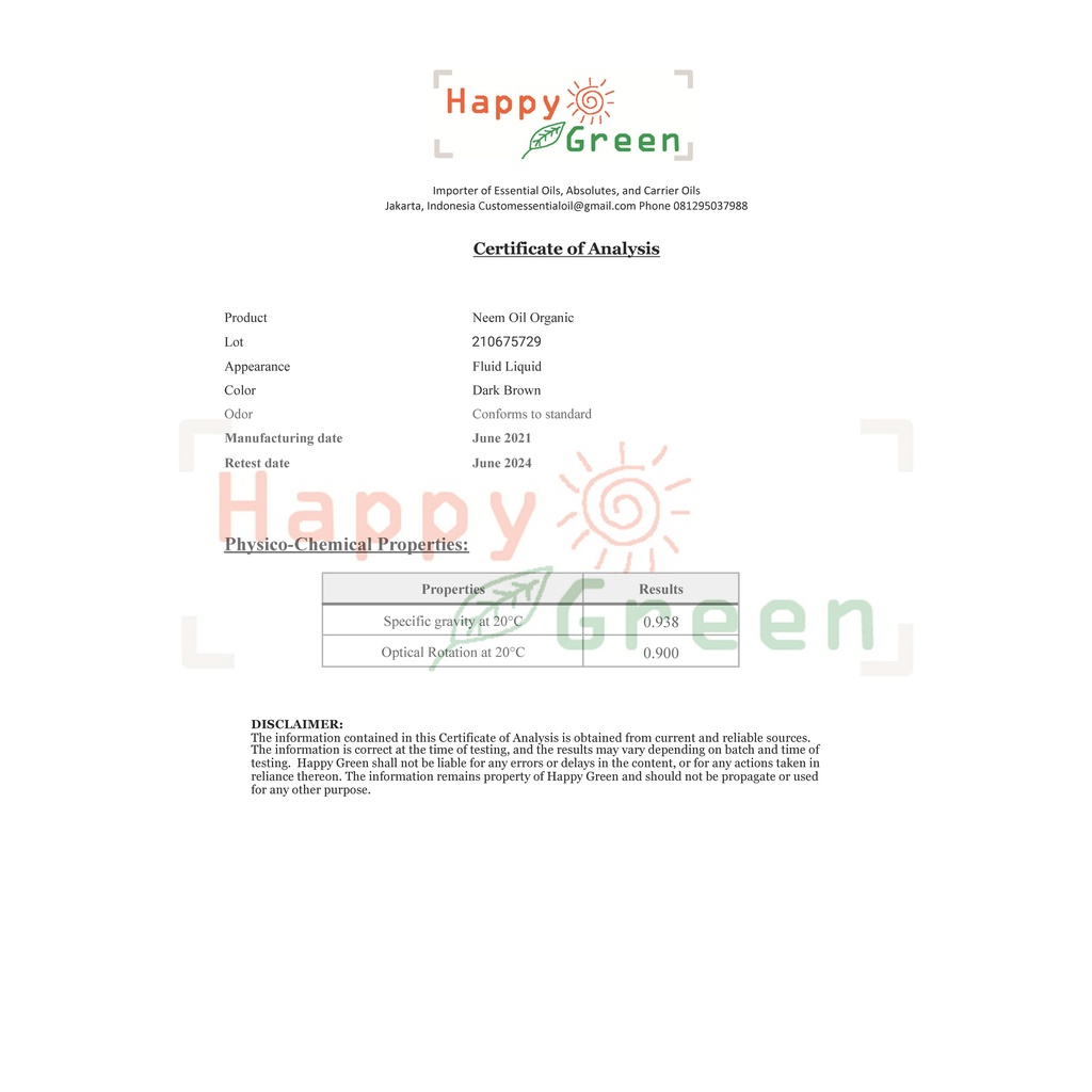 Happy Green ORGANIC Neem Oil (10 ml) Minyak Mimba Organik Azadirachta