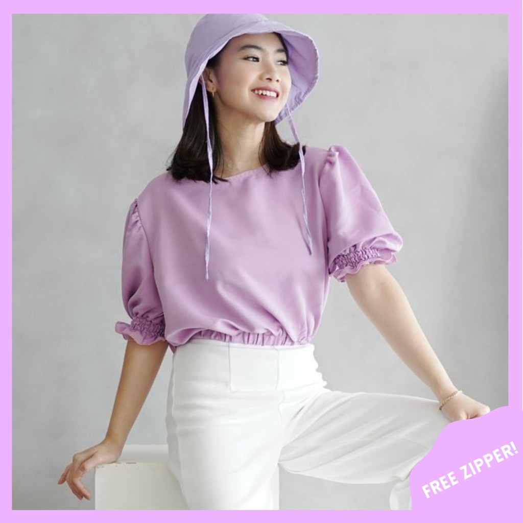 Crop Top Lilac / Blouse Lengan Balon / Blouse Casual Crop / Baju Atasan Wanita Lengan Pendek