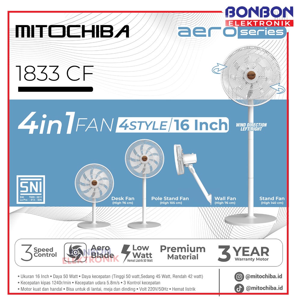 Mitochiba Kipas Angin Aero Series 16 Inch 1833 CF / 1833CF 4in1 Fan