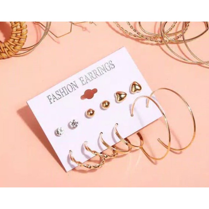 Anting Hoop 6 Pasang / Set Anting Tusuk Korea Mutiara Bulat Hati untuk Wanita Cantik Dalika