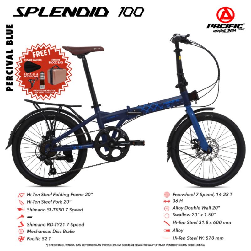 sepeda lipat Pacific 20 inch Splendid 100 bagasi free cover saddle botol tas