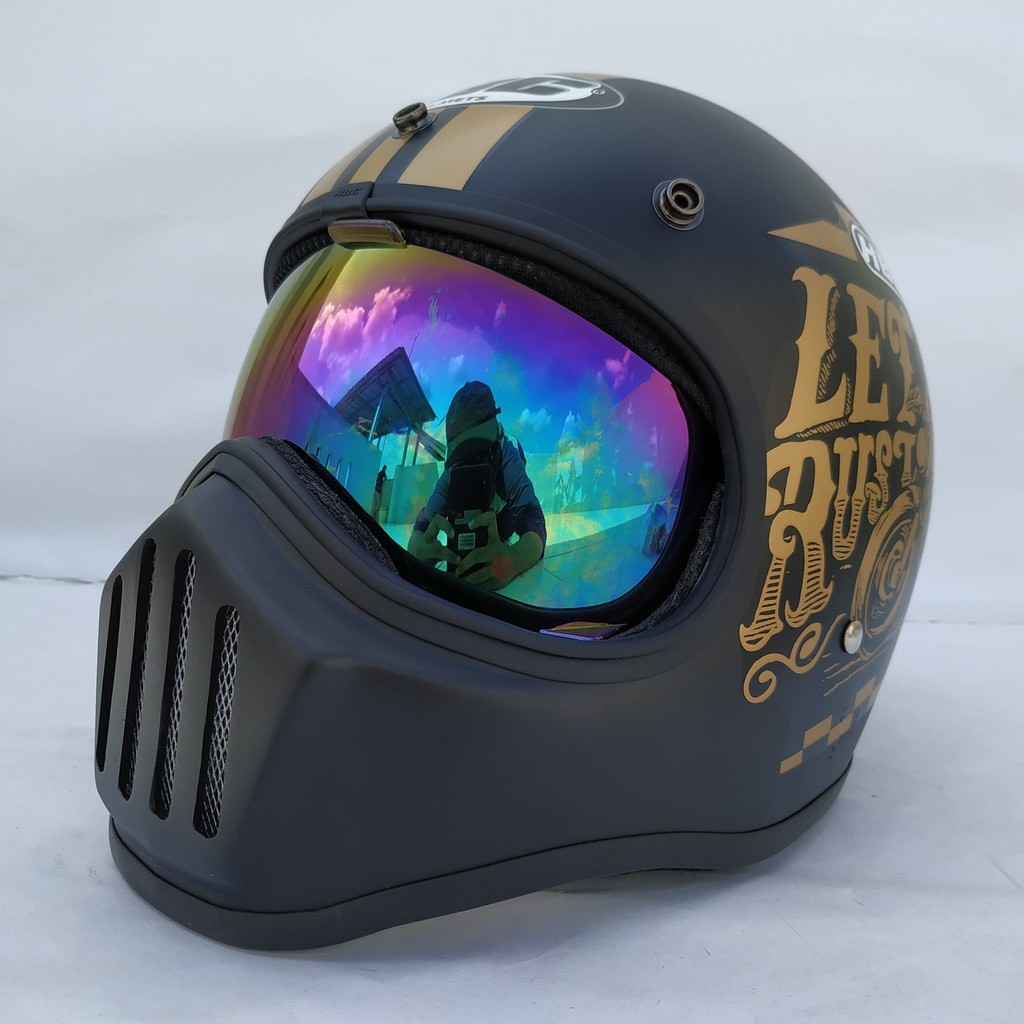 Helm Cakil HBC Rust Dust Black Font Gold + Inner Visor ( Fullface / Retro / Klasik / Vespa )