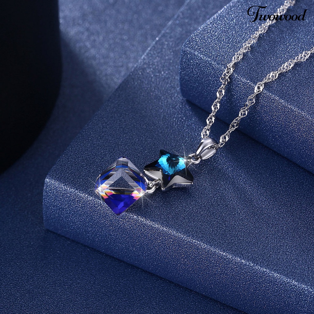 Kalung Choker Silverhoo Liontin Bintang Kristal Tiruan Biru Persegi Tahan Lama Untuk Wanita