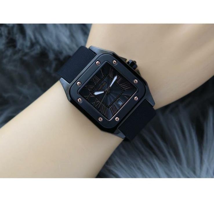 "PLW.10Jn22ᴱ" Jam Tangan Wanita Cartier KZ Tali Rubber Body Segi Hitam Tanggal Aktif