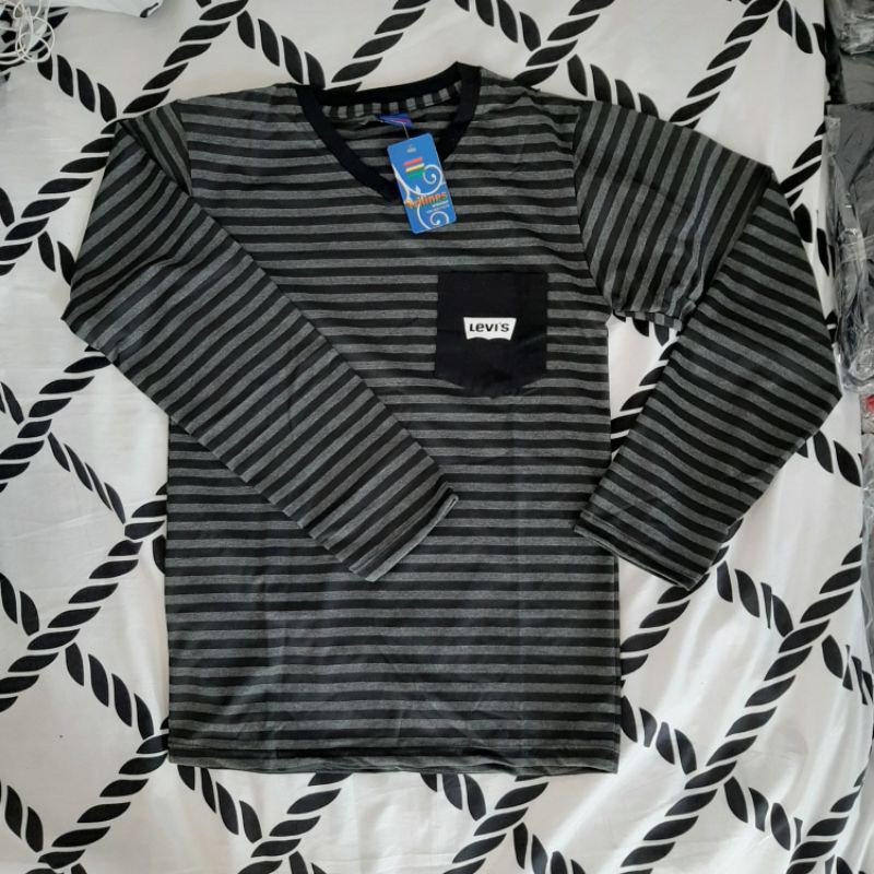 Kaos pria distro TRILINES salur stripe lengan panjang spandex polyester