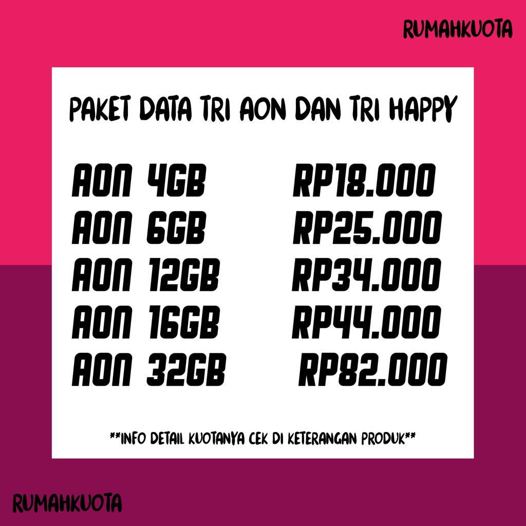TRI DATA AON 3GB 4GB 6GB 12GB 16GB 32GB DAN PAKET THREE HAPPY 12GB 18GB 25GB ADDON 32GB