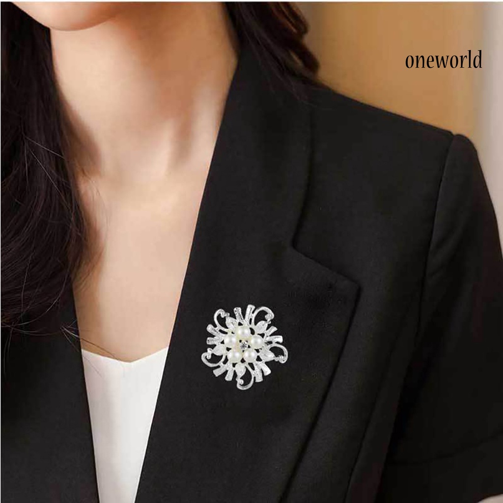 OW@ Women Breastpin Elegant No Deformation Flower Rhinestone Faux Pearl Brooch Pin for Party Dating