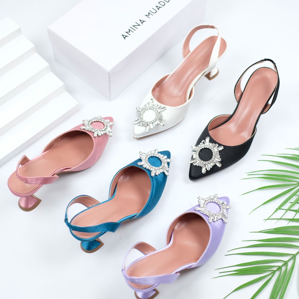 [7.7 Boombastis Sale⚡] - SEPATU WANITA HEEL SATIN AMS010 SLINGBACK SHOES PREMIUM IMPORT