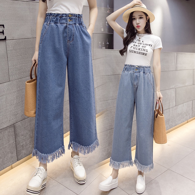 #Sisjuly# Jeans Wanita Sekolahan Pinggang Tinggi Elastis Celana Crop Flare Longgar