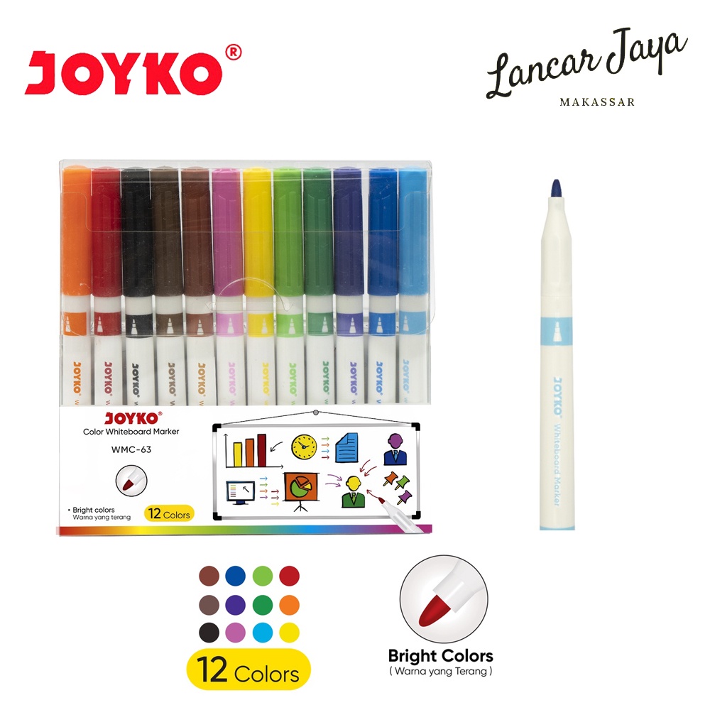 

Spidol Warna Papan Tulis Color Whiteboard Marker Joyko WMC-63 12 Warna