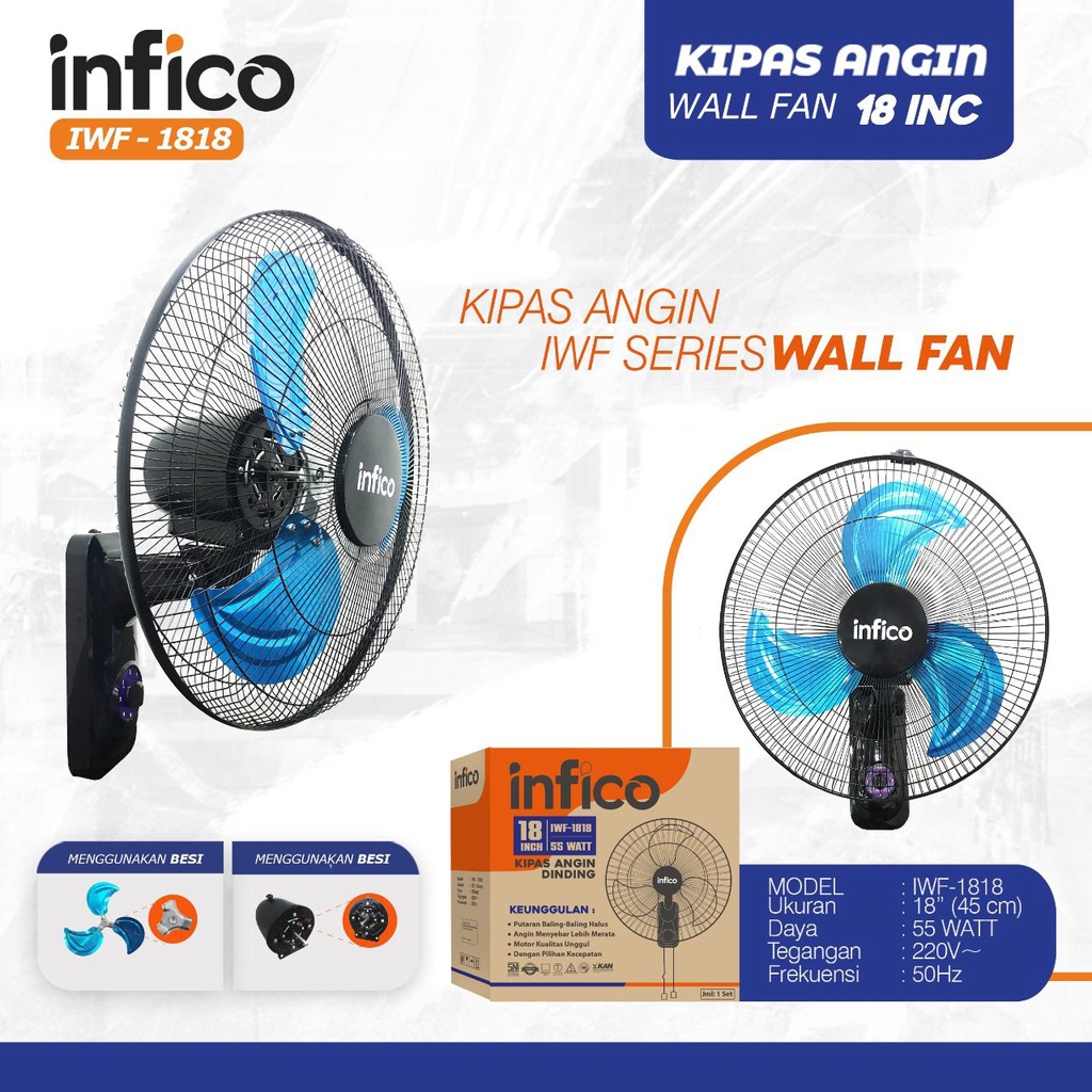 Kipas Angin Dinding Besi INFICO IWF Wall Fan 18 inch Tembok Metal SNI Swing 3 Kecepatan