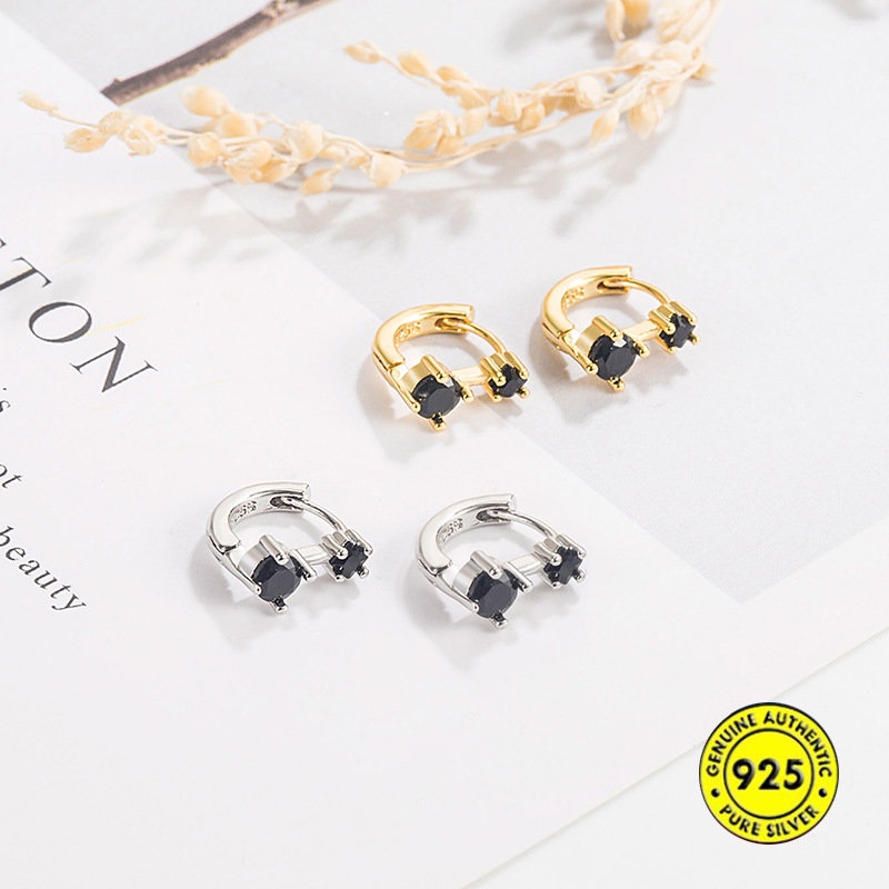 Anting Bulat Simple Warna Hitam Hias Berlian Imitasi Untuk Wanita U1027