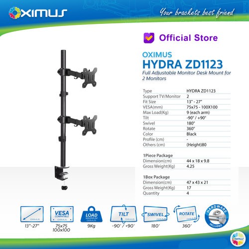 Bracket Monitor OXIMUS HYDRA ZD1123 | Dual Monitor LCD LED Jepit Meja