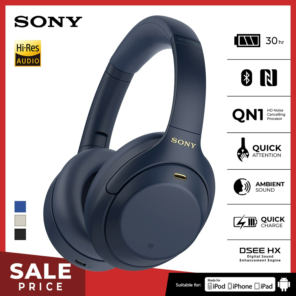 Sony WH-1000XM4 Wireless Headphone Premium Noise Cancelling Battery up to 30h With Microphone - Blue