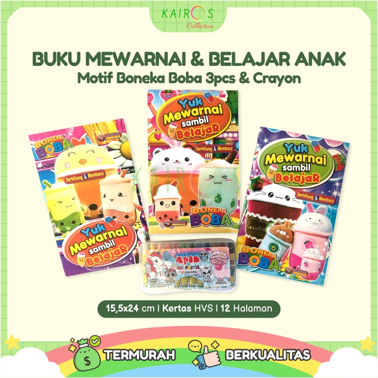 Paket Buku Warna Belajar Anak Motif Mewarnai Boneka Boba + Crayon  Atau Pensil Warna