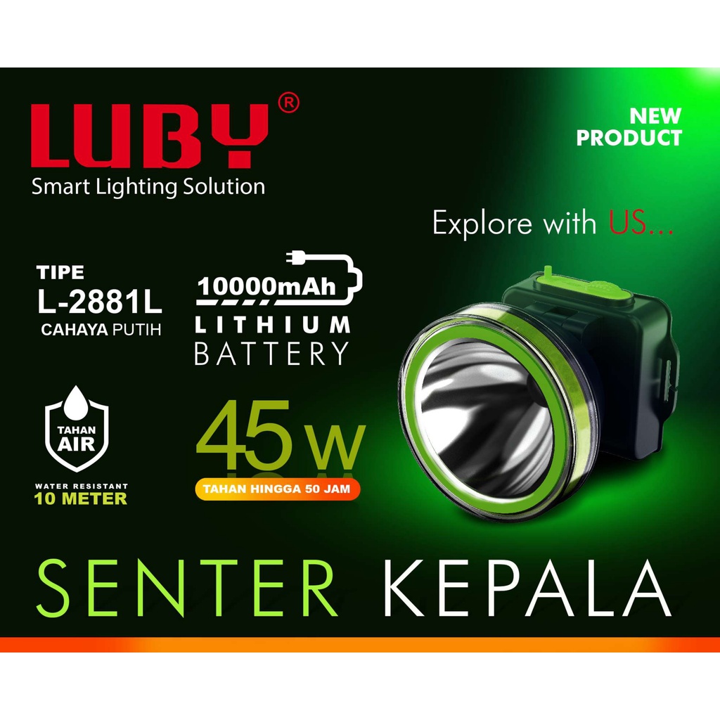 Luby Senter Kepala LED Super Terang Lithium L 2881L/ L 2881K  LAMPU PUTIH/KUNING  45Watt