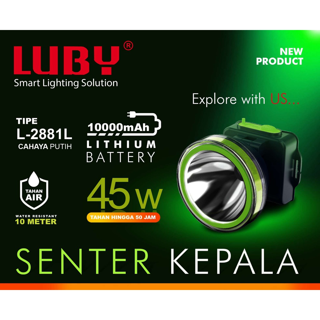 Luby Senter Kepala LED Super Terang Lithium L 2881L/ L 2881K  LAMPU PUTIH/KUNING  45Watt //SENTER KEPALA CAS TAHAN AIR