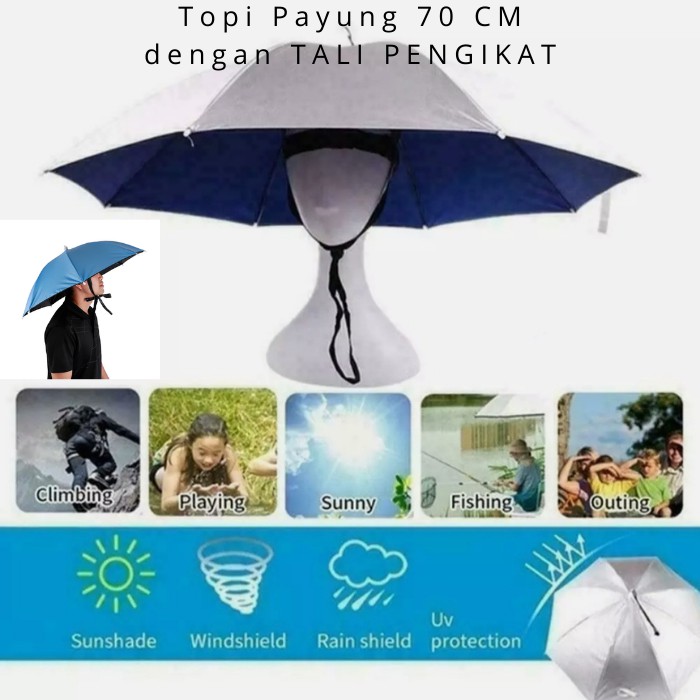 Topi Payung - Payung topi - Payung Kepala Payung Mancing Hiking Outdoor Jumbo Besar 70CM dengan Tali