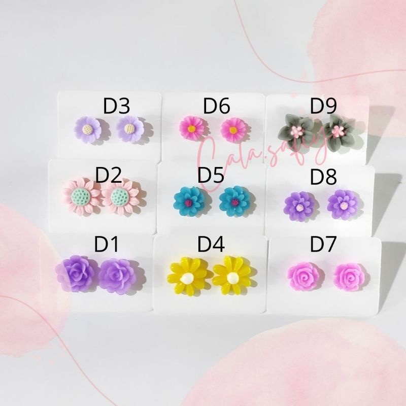 ANTING WANITA BUNGA PLASTIK TINY FLOWER STUD EARING MFS PLASTIC ANTING TINDIK KECIL ANTIKARAT-Stud Bunga Plastik D