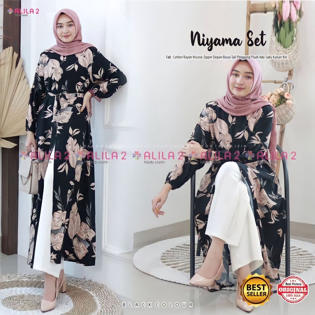 NIYAMA SET LONG TUNIK DAN CELANA BY ALILA | PAKAIAN SET KATUN RAYON | TUNIK MOTIF DAUN BUNGA