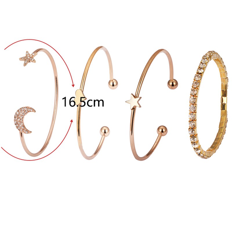 4Pcs / Set Gelang Tangan Model Terbuka Desain Bulan &amp; Bintang Hias Berlian Mewah hhbr25