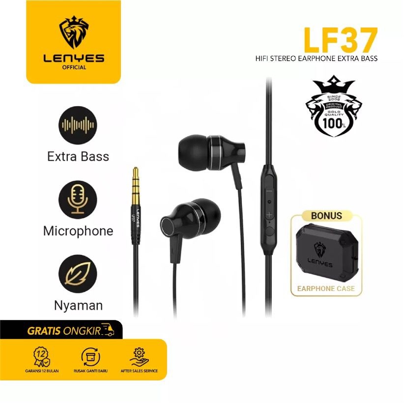 FREE CASE Headset Stereo Hifi Extra Bass with Handsfree Microphone Earphone LENYES LF37