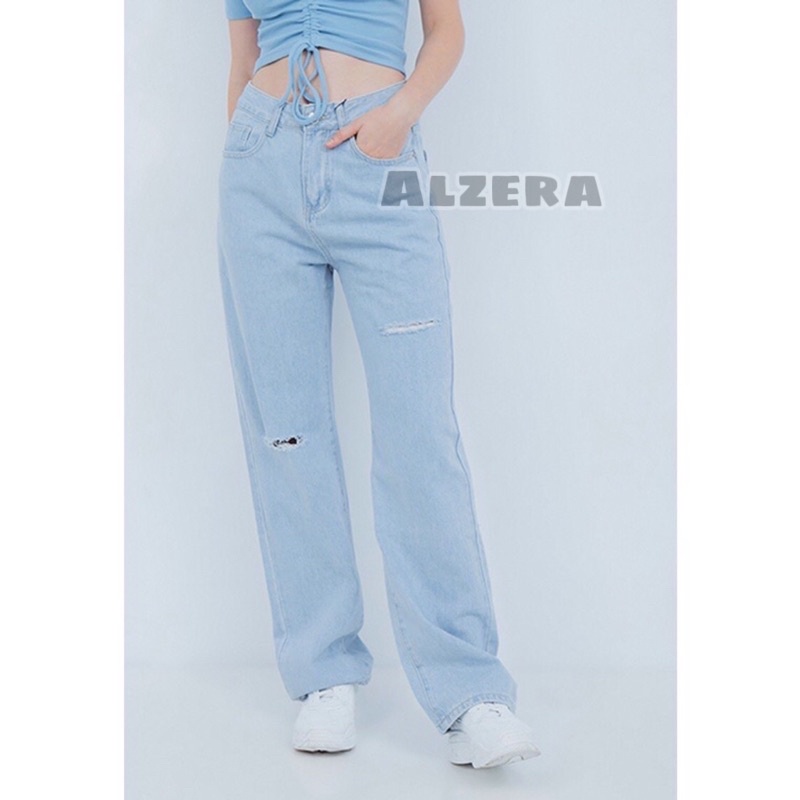 Celana Kulot Jeans Wanita Loose Sobek Lutut Warna Light Fahsion By Alzera