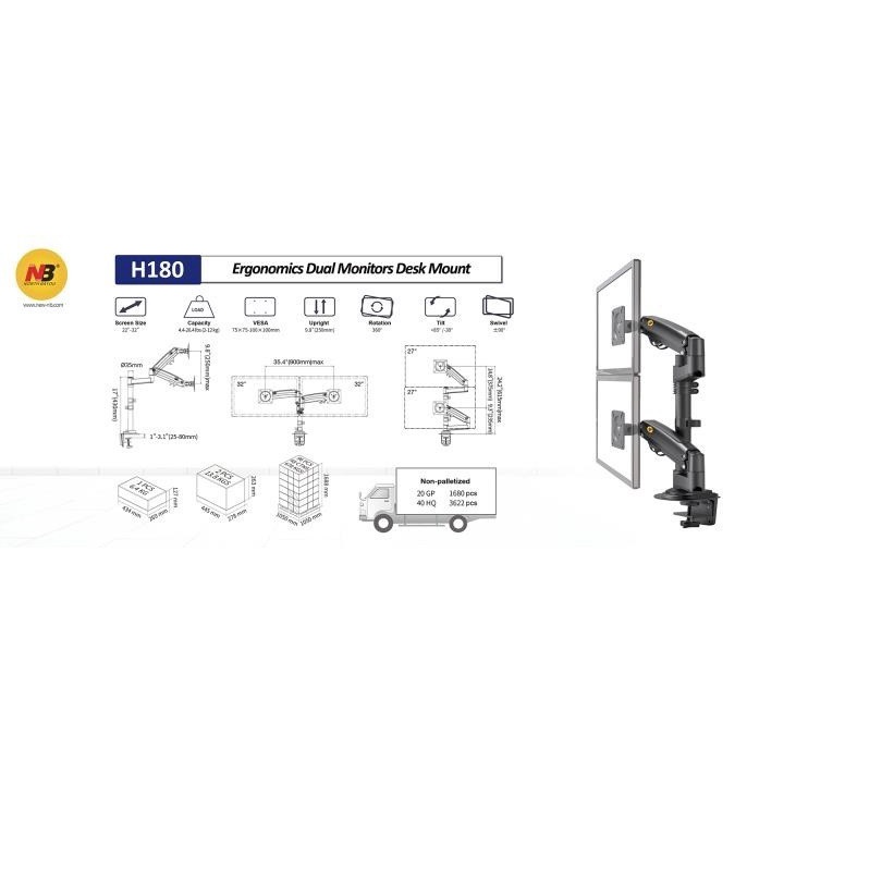 North Bayou H180 Bracket Dual Monitor 22-32 Inch