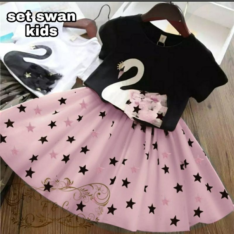 3 UKURAN S M L SET SWAN KID PAKAIAN ANAK PEREMPUAN SETELAN ROK BABYTERRY FEHM