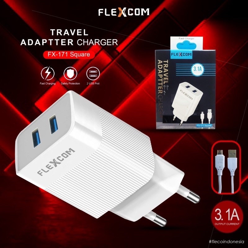 PROMO CHARGER FX171 2USB FLEXCOM ORIGINAL KABEL DATA MICRO OVAL