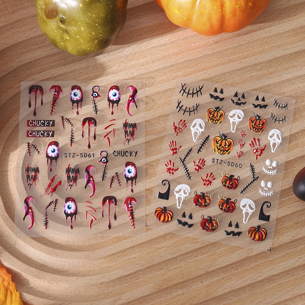 【COD Tangding】Stiker Kuku Motif Tengkorak / Laba-Laba / Labu Untuk Halloween