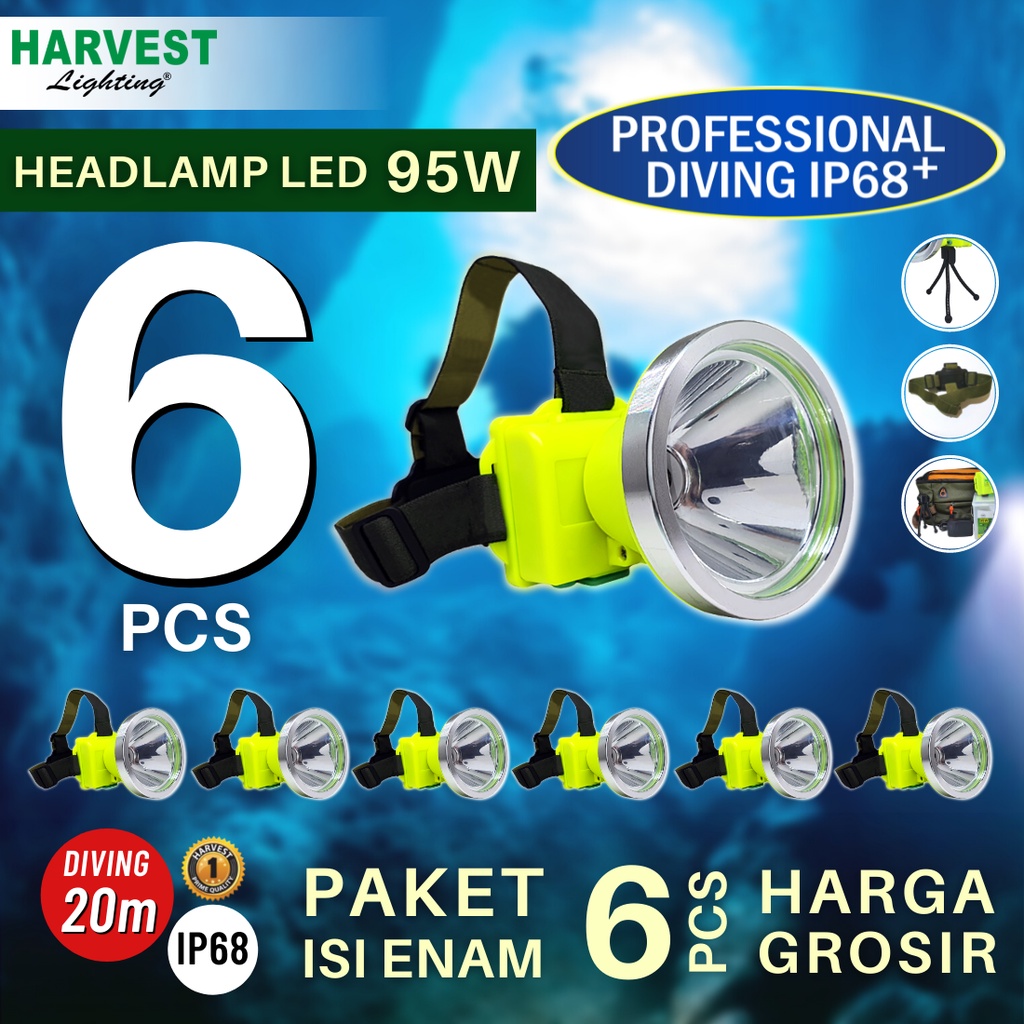 95W - PAKET ISI 6 - Headlamp HARVEST LIGHTINGSenter Kepala LED Professional DIVING IP68 5600 MAH Lampu Emergency Selam Spearfishing Travel Hunting Rechargeable  Original Bergaransi