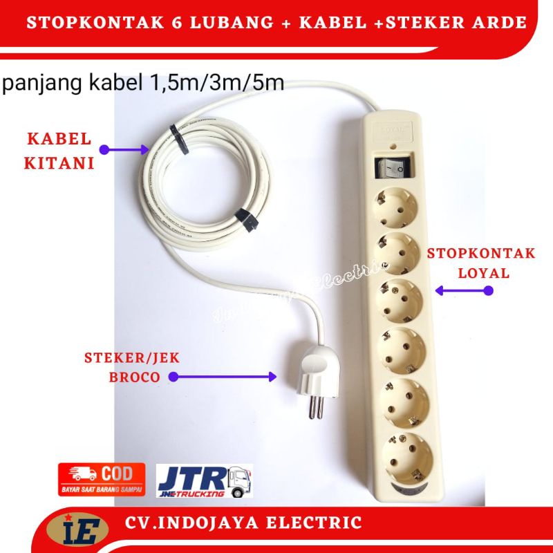 Satu Set Stopkontak Loyal 6 Lubang + Steker Arde Broco + Kabel kitani Panjang 1,5 meter 3 meter 5 m