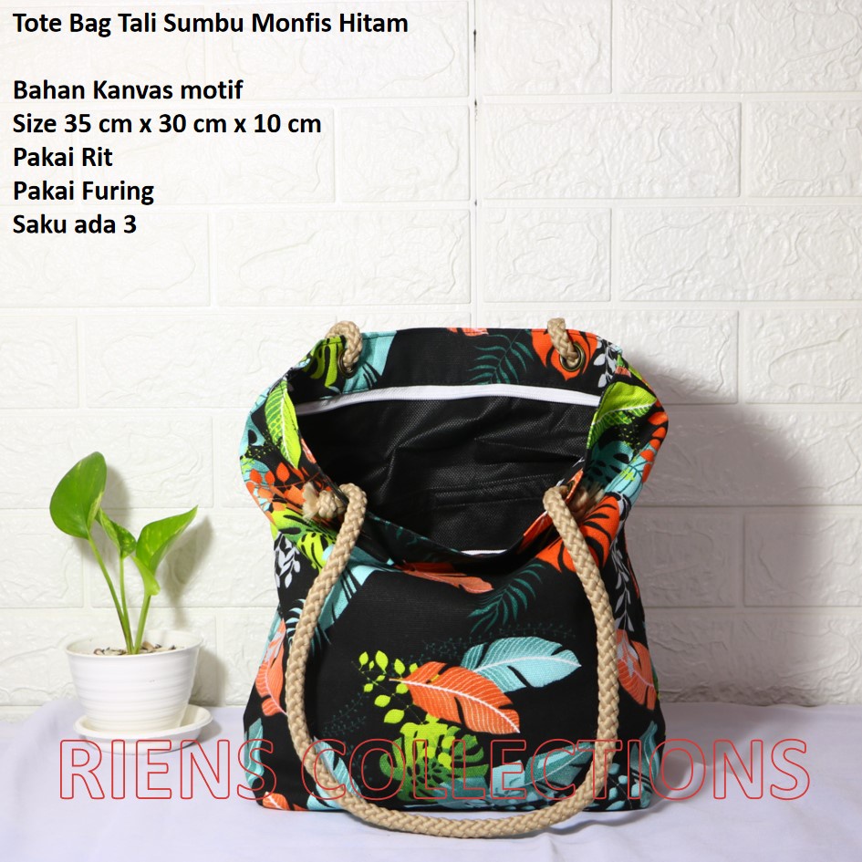 TOTEBAG KANVAS TALI SUMBU MOTIF MONFIS HITAM. TAS KANVAS. TAS JOGJA. SOUVENIR JOGJA. Riens Collections