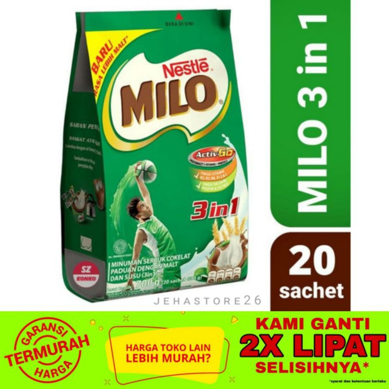 

[ SUSU BUBUK ] Nestle Milo Coklat Activ Go 3in1 Sachet 35gr - 1 Pack isi 20pcs