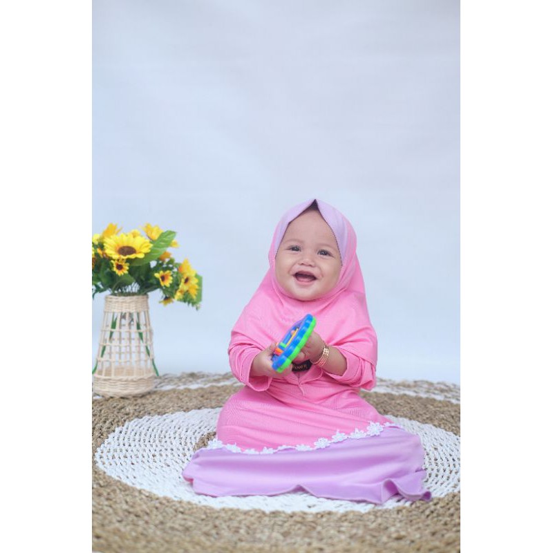 set gamis + hijab anak uk 1 2 tahun simple kombinasi polos