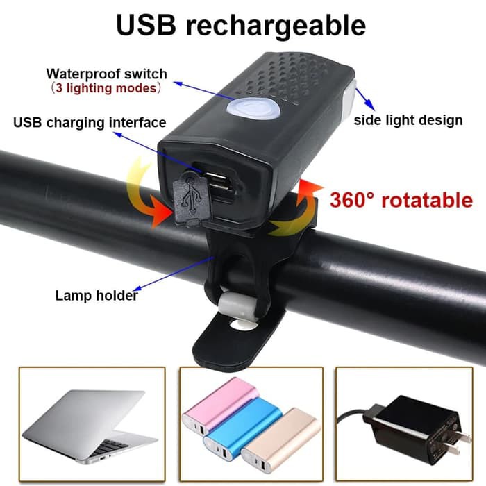 Lampu Depan Sepeda CREE LED 300LM Rechargeable charger Anti Air Murah Ori packing box JAKARTA