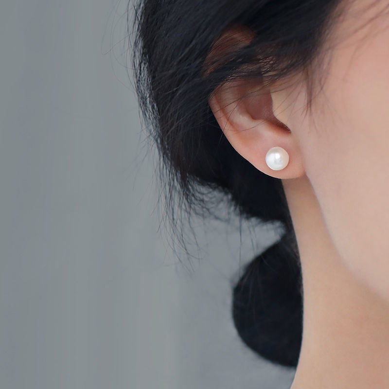 Anting Stud Mutiara Lapis Silver Ukuran 8mm Gaya Korea Untuk Wanita