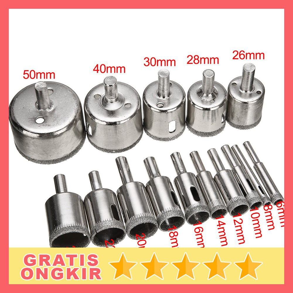 SH8-2 Set isi 16 / 15 / 10 Pcs Mata bor Keramik Kaca Marmer Bulat 1  Lubang Diamond Granit Besi Baja 8mm Sampai 50mm / Set MataBor Kaca Holesaw Hole Saw Keramik Granit Marmer Batu Porselen Permata Hss Pelubang Ceramic Original Asli