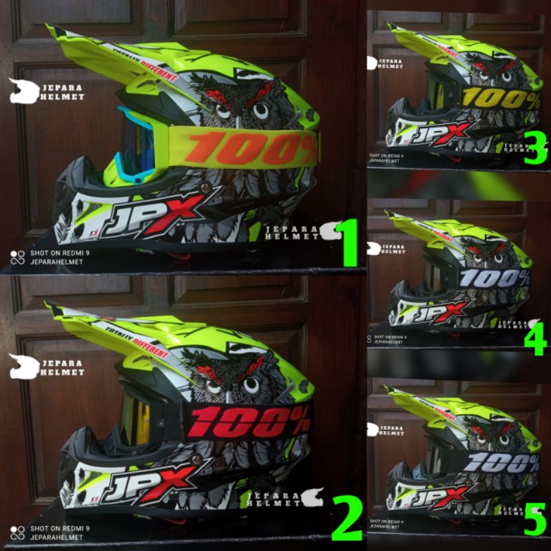 Helm JPX Cross Fox1 X13 Owl Burung Hantu Hijau Green Ijo Stabilo + Plus Goggle 100% Percent Percen |
