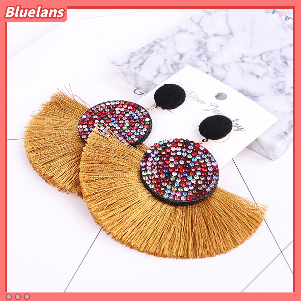 Anting Stud Bentuk Kipas Rumbai Aksen Berlian Imitasi Gaya Bohemia Untuk Wanita