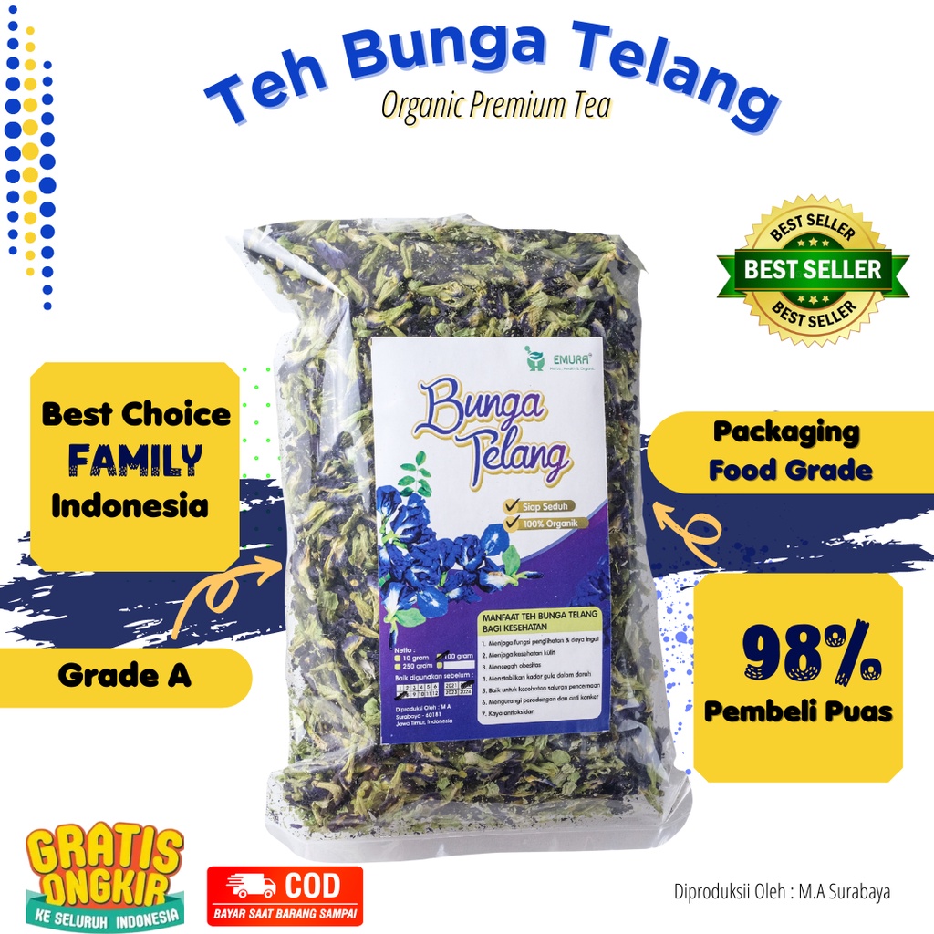 BUNGA TELANG ORGANIK 250 Gr/Teh Bunga Telang Kering/Teh Biru/ Butterfly Pea / Obat Asma