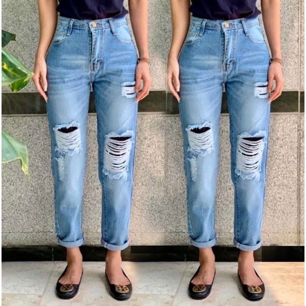 HOPYLOVY - Celana Boyfriend Jeans Sobek Lapis Furing BF Faranisa