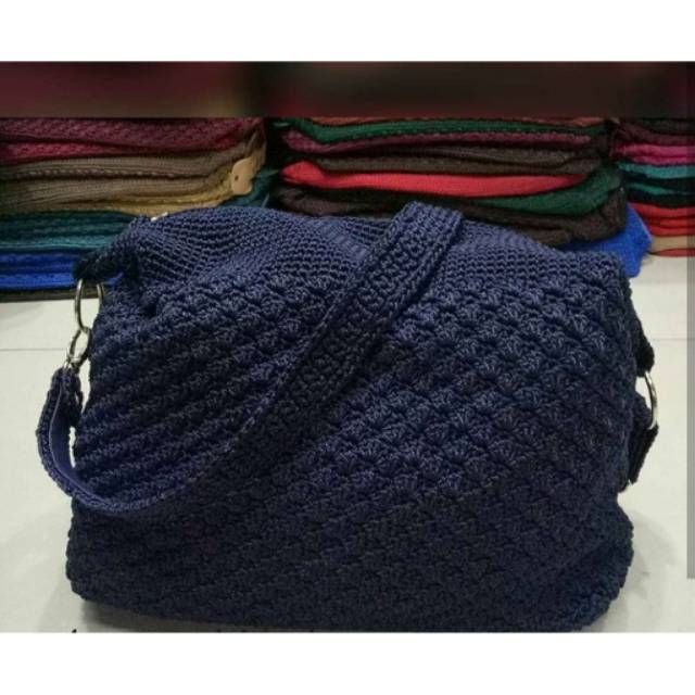 Tas Rajut Wanita Kotak Ring Besar Selempang Nilon Full Rajut Biru Dongker Murah