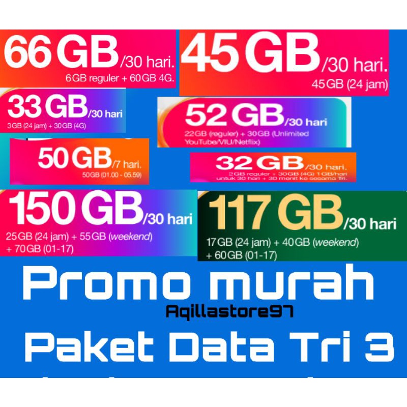 Paket Data Tri Inject Kuota Tri Internet Tri / 3 / Three 4G LTE KUOTA 5GB 33GB 66GB