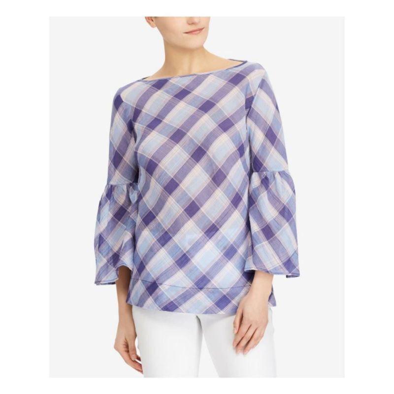 R*phlauren blue plaid off the shoulder top