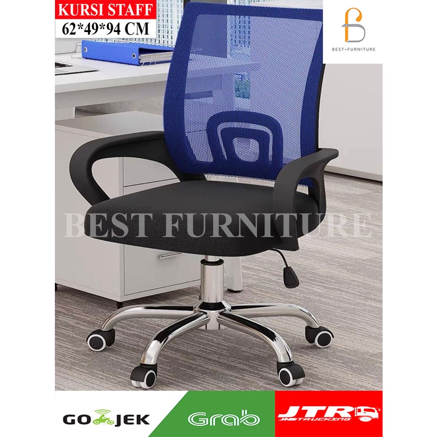 Best Kursi Staff Kursi Kantor Kursi Jaring Multifungsi Tilt + Hidrolik + Kaki Stainless-Biru